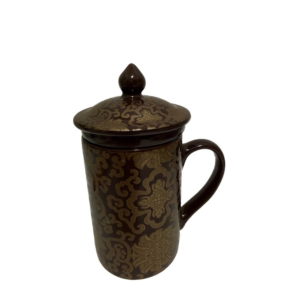 Pottery Barn Chinoise Mugs Coffee Or Tea Cup With Tea Diffuser Brown